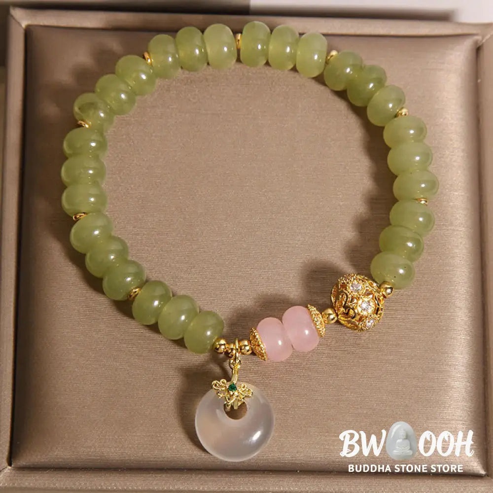 Buddha Stones Natural Peace Buckle Meaning Jade Rose Quartz Luck Bracelet - Jade(Wrist Circumference:15-17cm) - Bracelet