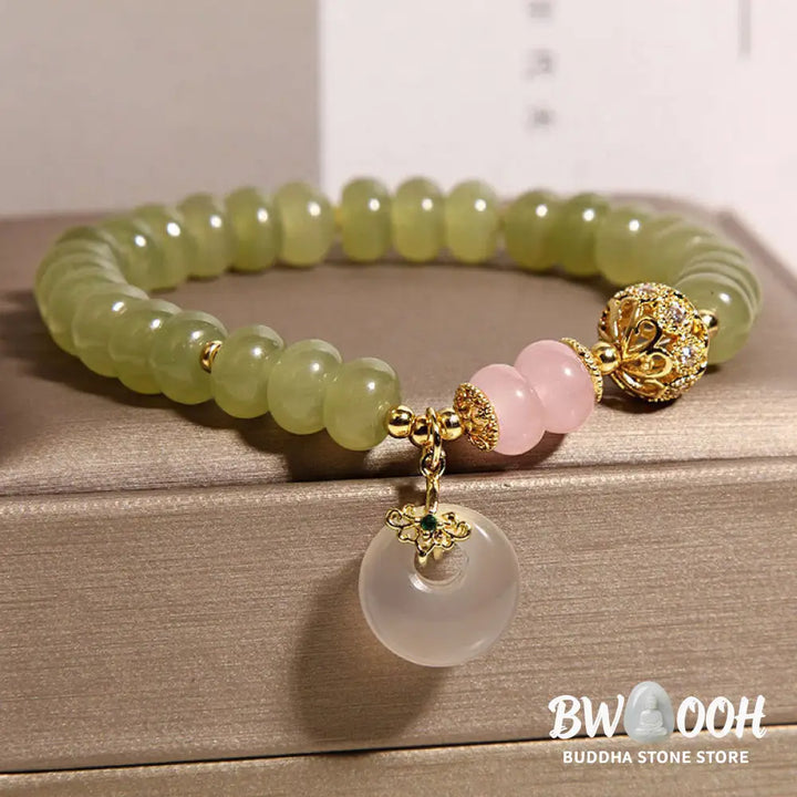 Buddha Stones Natural Peace Buckle Meaning Jade Rose Quartz Luck Bracelet - Jade(Wrist Circumference:15-17cm) - Bracelet