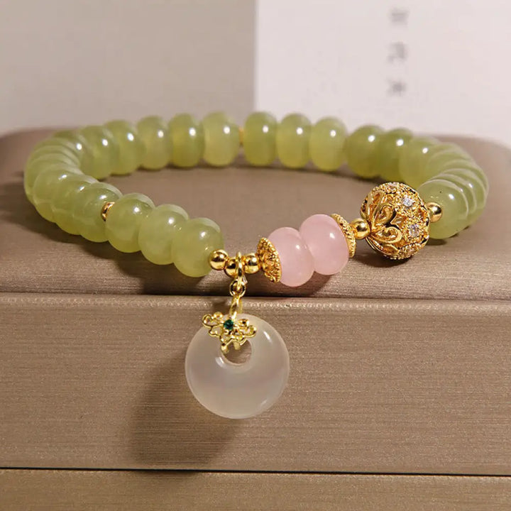 Buddha Stones Natural Peace Buckle Meaning Jade Rose Quartz Luck Bracelet - Jade(Wrist Circumference:15-17cm) - Bracelet