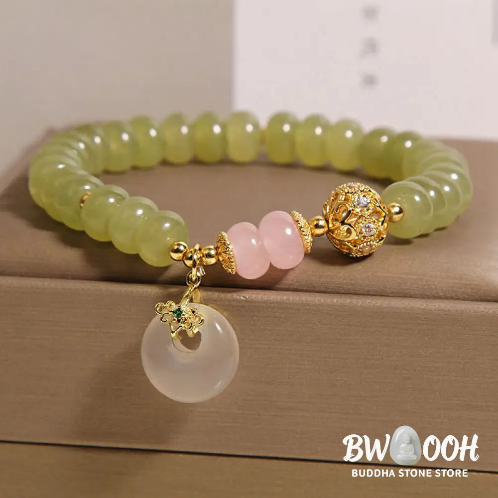 Buddha Stones Natural Peace Buckle Meaning Jade Rose Quartz Luck Bracelet - Jade(Wrist Circumference:15-17cm) - Bracelet