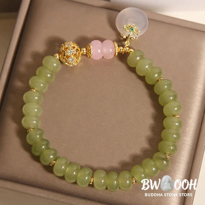 Buddha Stones Natural Peace Buckle Meaning Jade Rose Quartz Luck Bracelet - Jade(Wrist Circumference:15-17cm) - Bracelet