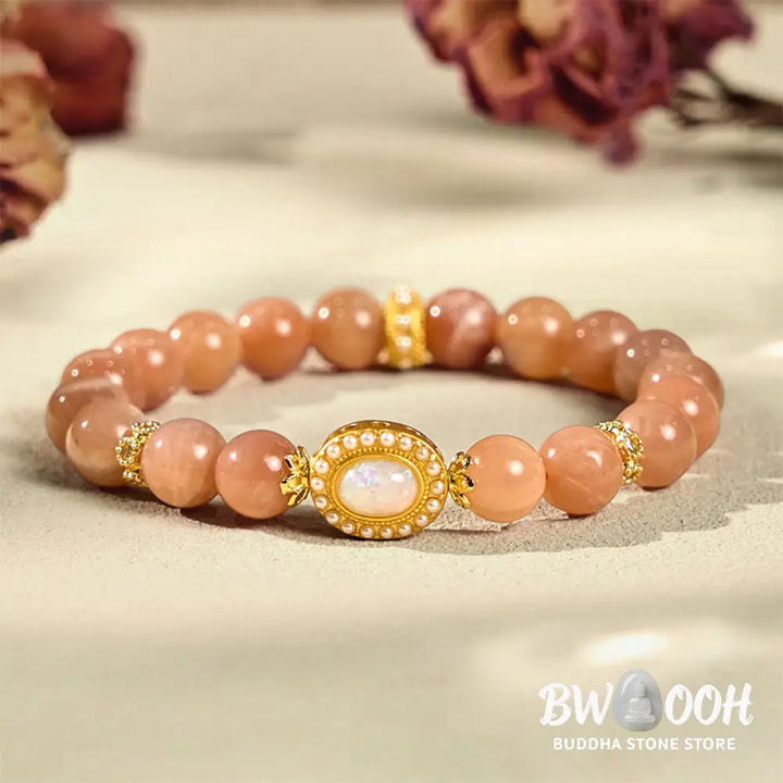 Buddha Stones Natural Peach Moonstone Adjustable Soothing Bracelet - BWOOOH - Peach Moonstone(Wrist Circumference: