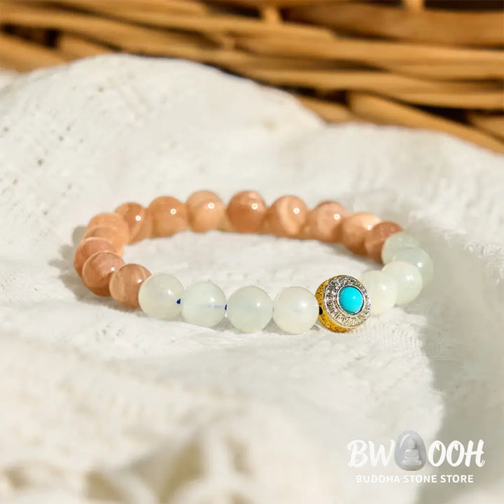 Buddha Stones Natural Peach Moonstone Aquamarine Soothing Bracelet - BWOOOH - Peach Moonstone(Wrist Circumference:
