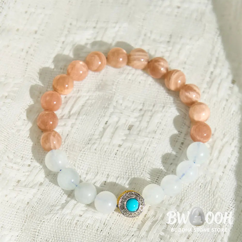 Buddha Stones Natural Peach Moonstone Aquamarine Soothing Bracelet - BWOOOH - Peach Moonstone(Wrist Circumference: