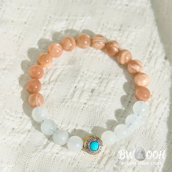 Buddha Stones Natural Peach Moonstone Aquamarine Soothing Bracelet - BWOOOH - Peach Moonstone(Wrist Circumference: