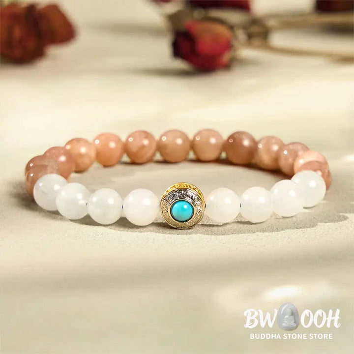 Buddha Stones Natural Peach Moonstone Aquamarine Soothing Bracelet - BWOOOH - Peach Moonstone(Wrist Circumference:
