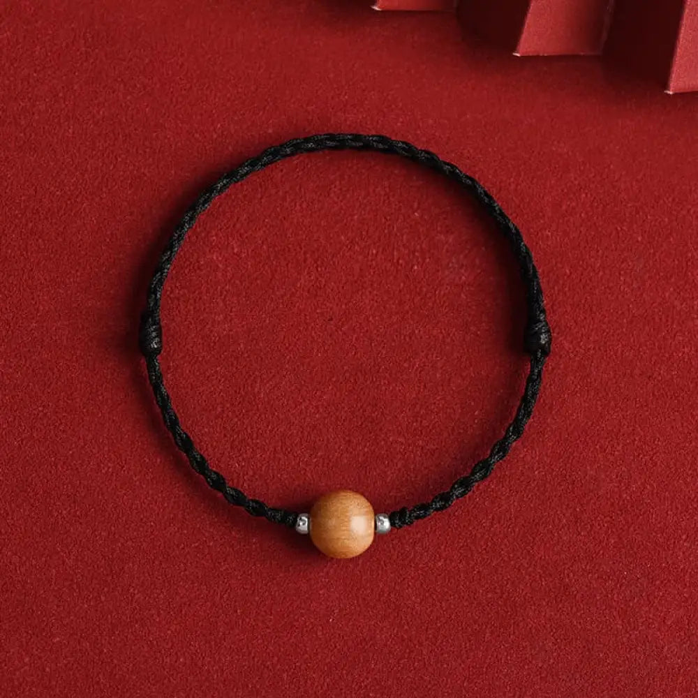 Buddha Stones Natural Peach Wood Bead Luck Braided Bracelet Anklet - BWOOOH - Black Rope / 10mm / Bracelet(Wrist