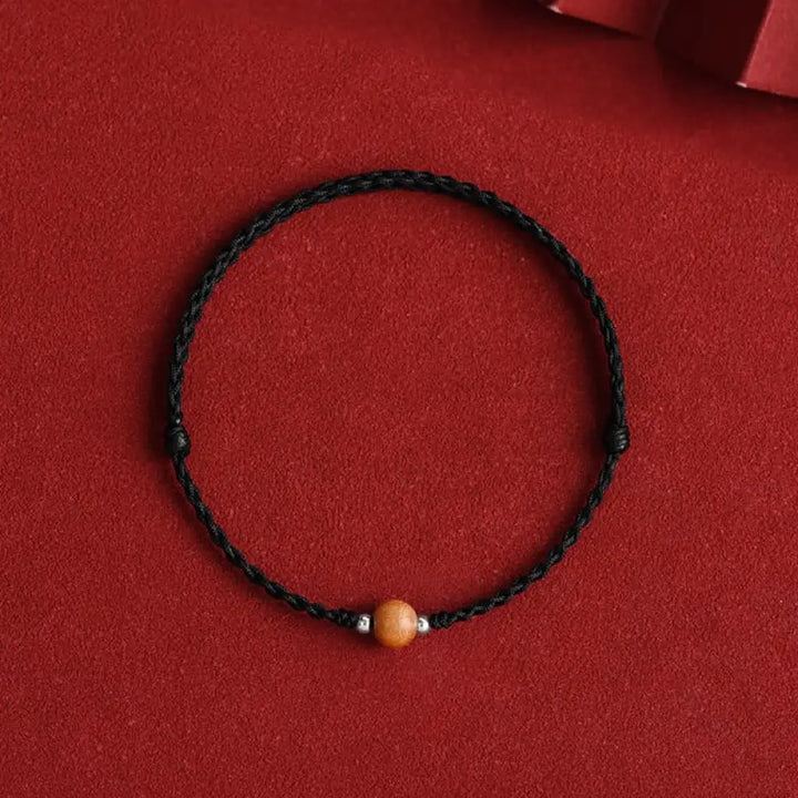 Buddha Stones Natural Peach Wood Bead Luck Braided Bracelet Anklet - BWOOOH - Black Rope / 6mm / Bracelet(Wrist
