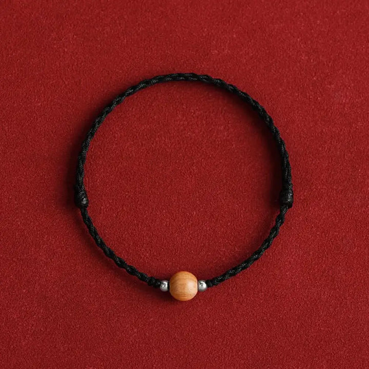 Buddha Stones Natural Peach Wood Bead Luck Braided Bracelet Anklet - BWOOOH - Black Rope / 8mm / Bracelet(Wrist