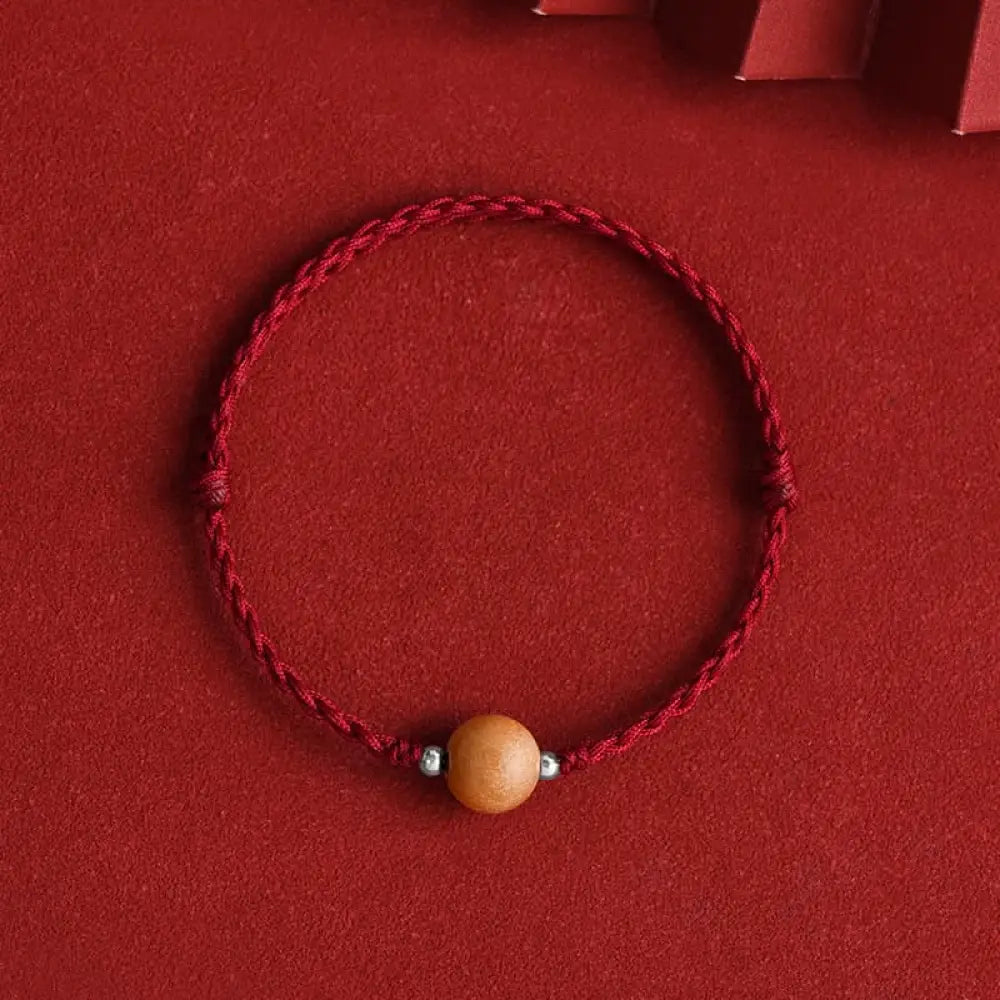 Buddha Stones Natural Peach Wood Bead Luck Braided Bracelet Anklet - BWOOOH - Dark Red Rope / 10mm / Bracelet(Wrist