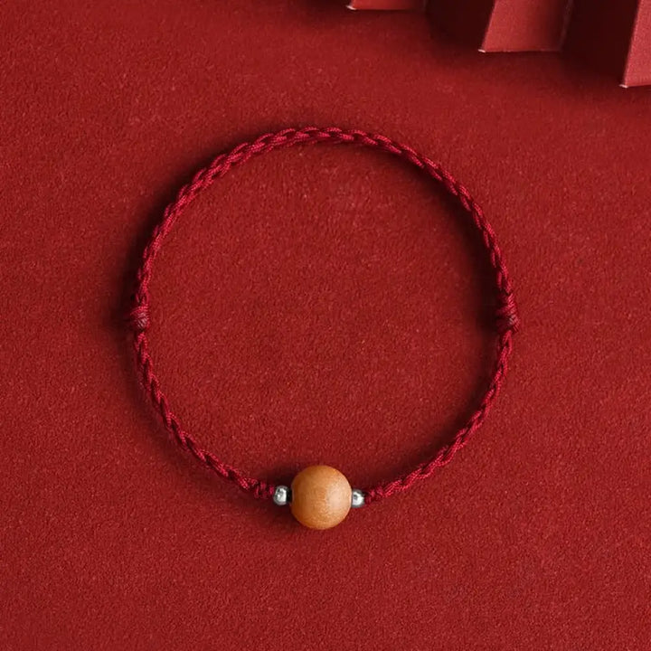 Buddha Stones Natural Peach Wood Bead Luck Braided Bracelet Anklet - BWOOOH - Dark Red Rope / 10mm / Bracelet(Wrist
