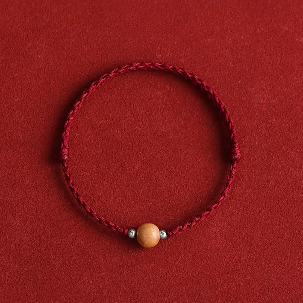 Buddha Stones Natural Peach Wood Bead Luck Braided Bracelet Anklet - BWOOOH - Dark Red Rope / 8mm / Bracelet(Wrist