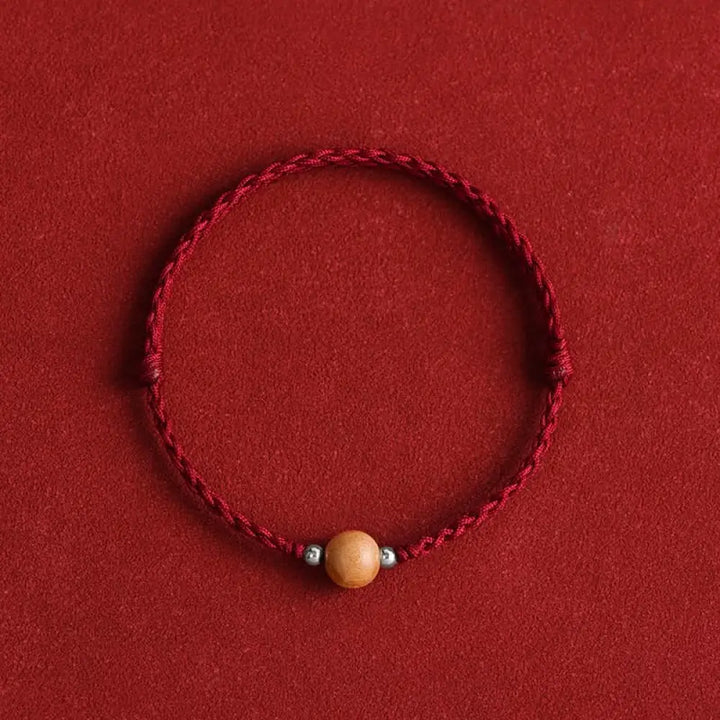 Buddha Stones Natural Peach Wood Bead Luck Braided Bracelet Anklet - BWOOOH - Dark Red Rope / 8mm / Bracelet(Wrist