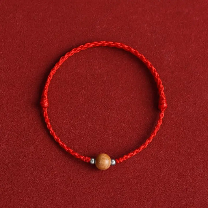 Buddha Stones Natural Peach Wood Bead Luck Braided Bracelet Anklet - BWOOOH - Red Rope / 8mm / Bracelet(Wrist