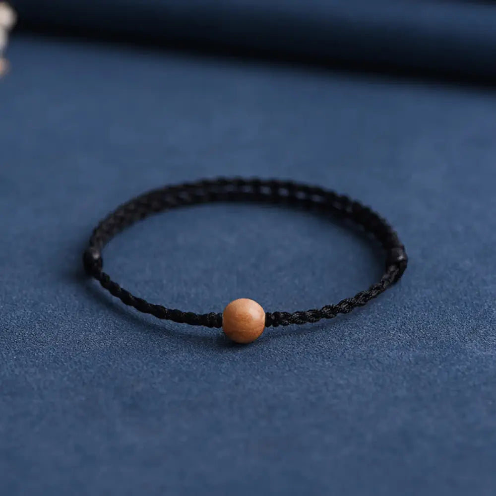 Buddha Stones Natural Peach Wood Bead Ward Off Evil Spirits Braided Bracelet - BWOOOH - Black Rope / 8mm