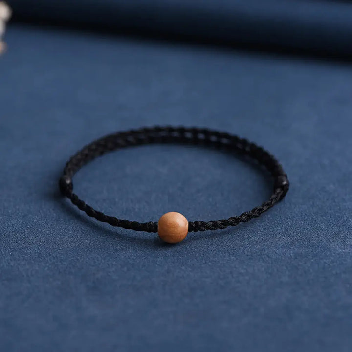 Buddha Stones Natural Peach Wood Bead Ward Off Evil Spirits Braided Bracelet - BWOOOH - Black Rope / 8mm