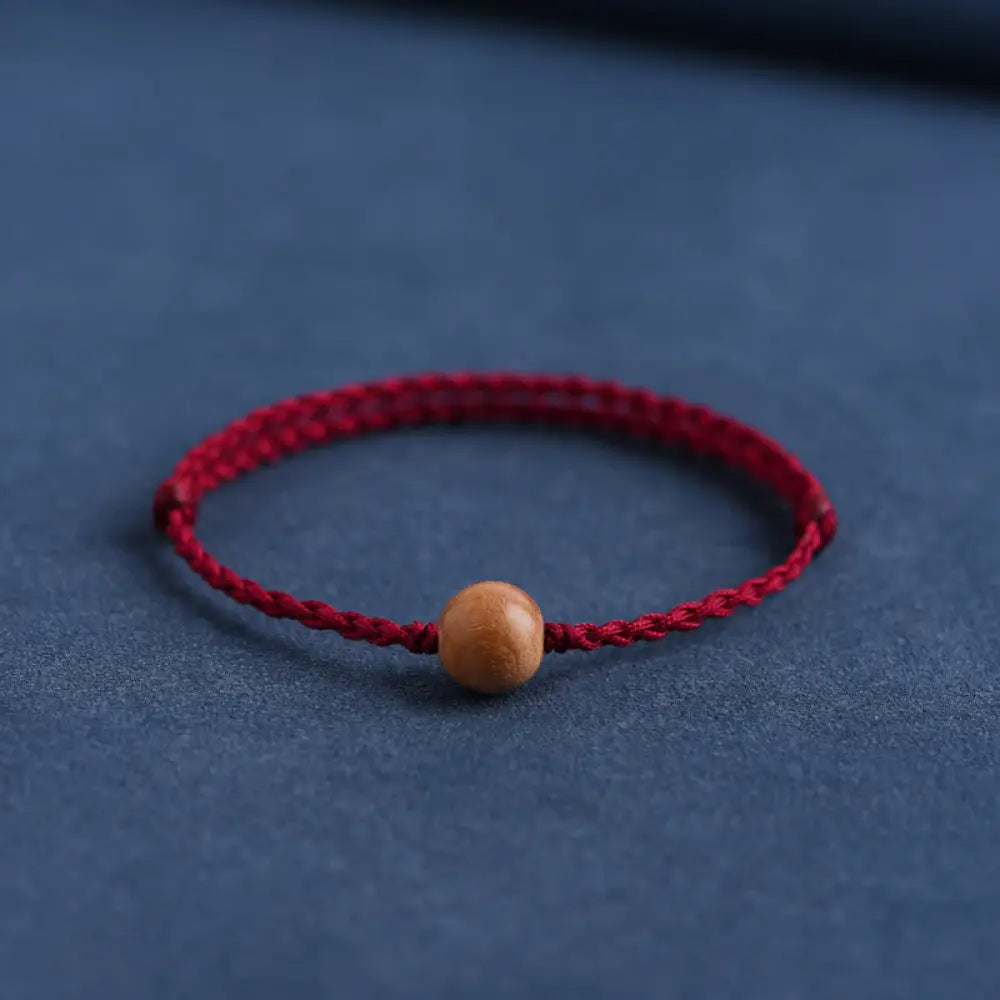 Buddha Stones Natural Peach Wood Bead Ward Off Evil Spirits Braided Bracelet - BWOOOH - Dark Red Rope / 10mm