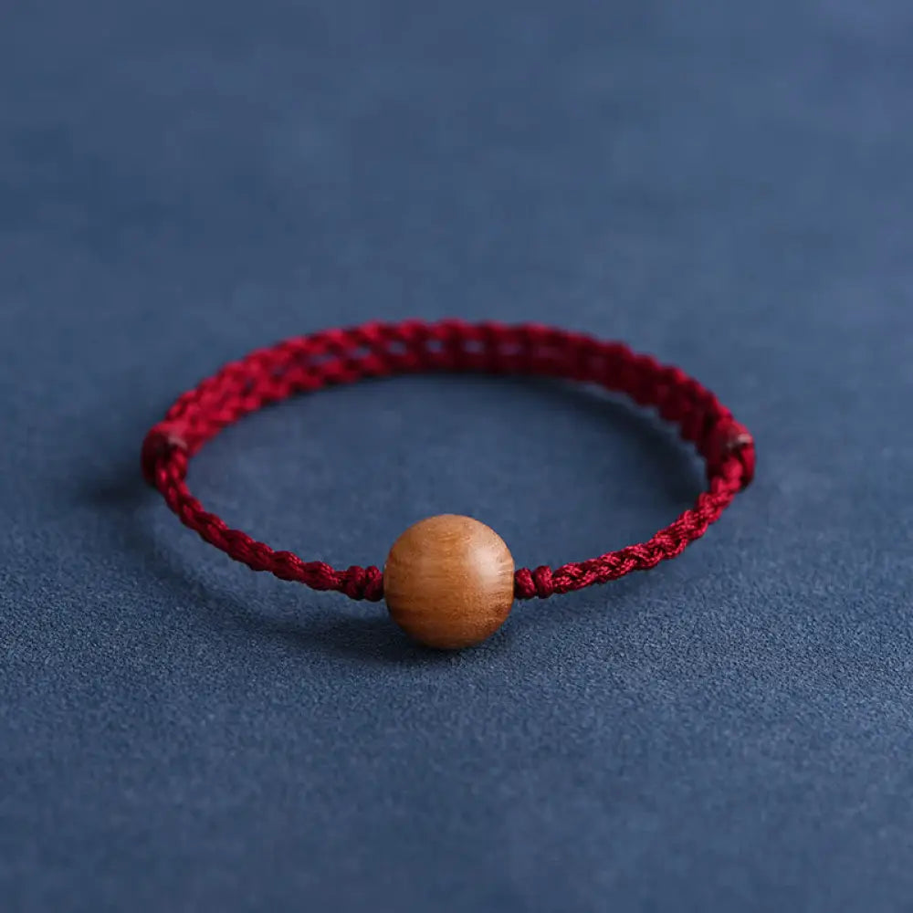 Buddha Stones Natural Peach Wood Bead Ward Off Evil Spirits Braided Bracelet - BWOOOH - Dark Red Rope / 12mm