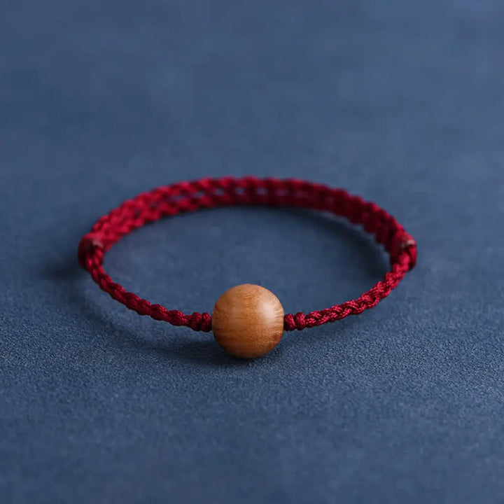 Buddha Stones Natural Peach Wood Bead Ward Off Evil Spirits Braided Bracelet - BWOOOH - Dark Red Rope / 12mm