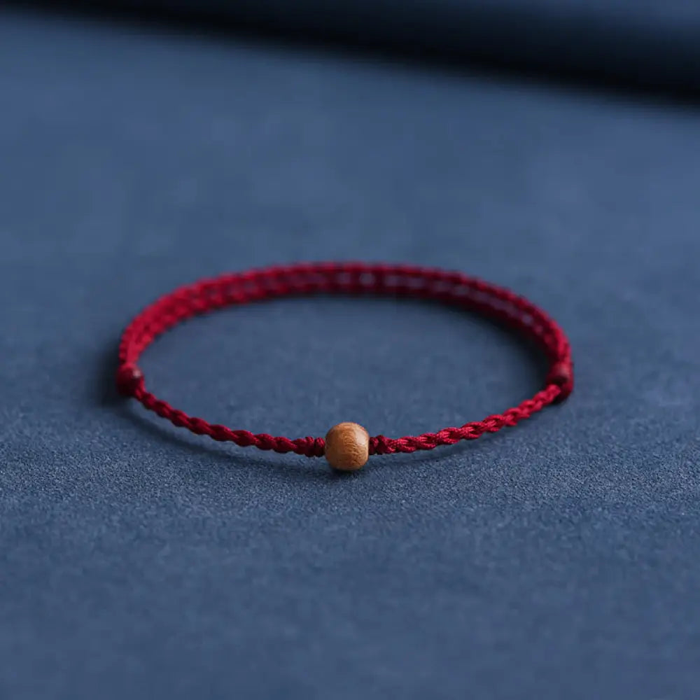 Buddha Stones Natural Peach Wood Bead Ward Off Evil Spirits Braided Bracelet - BWOOOH - Dark Red Rope / 6mm