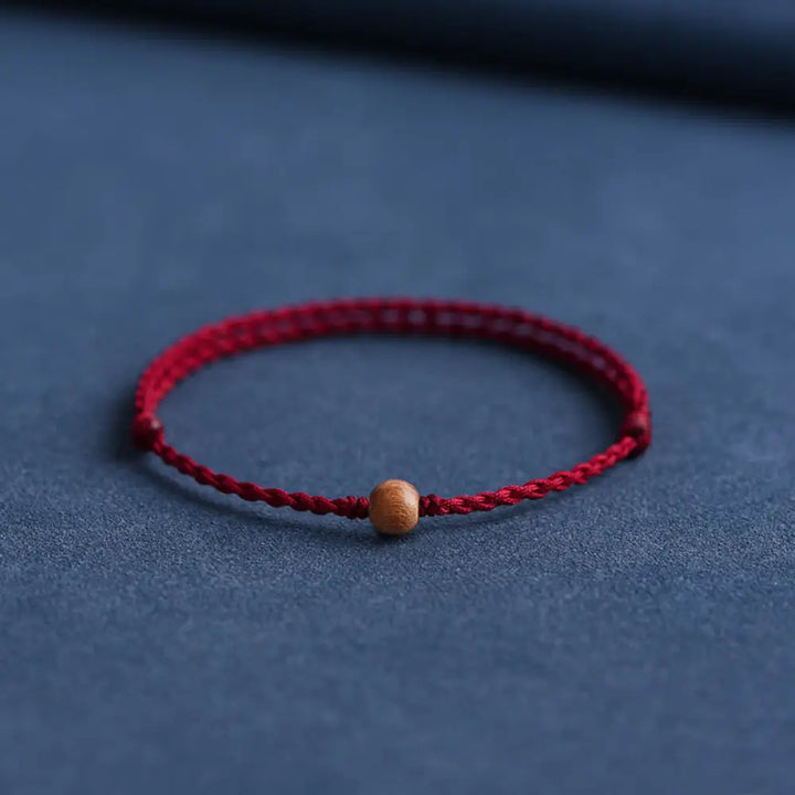 Buddha Stones Natural Peach Wood Bead Ward Off Evil Spirits Braided Bracelet - BWOOOH - Dark Red Rope / 6mm