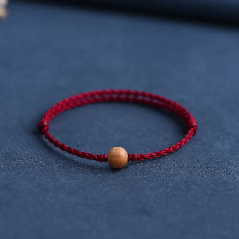 Buddha Stones Natural Peach Wood Bead Ward Off Evil Spirits Braided Bracelet - BWOOOH - Dark Red Rope / 8mm