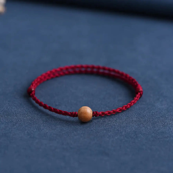 Buddha Stones Natural Peach Wood Bead Ward Off Evil Spirits Braided Bracelet - BWOOOH - Dark Red Rope / 8mm