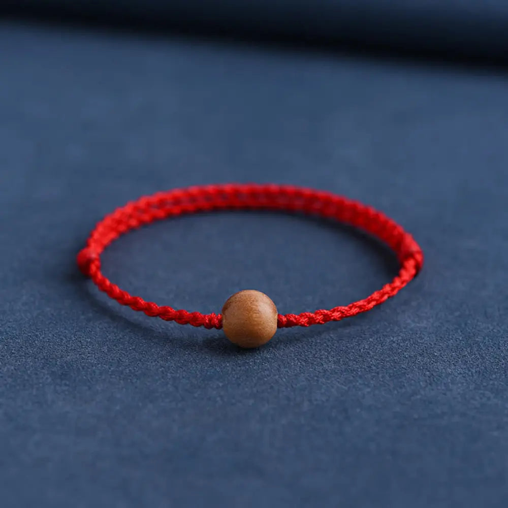 Buddha Stones Natural Peach Wood Bead Ward Off Evil Spirits Braided Bracelet - BWOOOH - Red Rope / 10mm