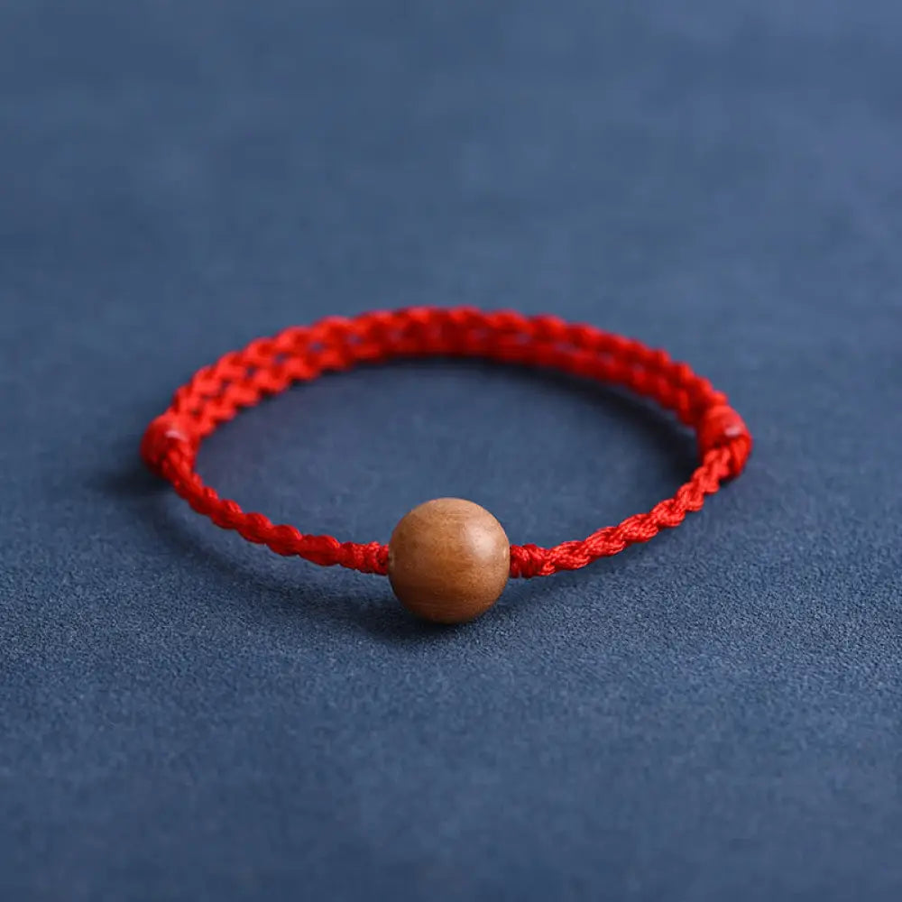 Buddha Stones Natural Peach Wood Bead Ward Off Evil Spirits Braided Bracelet - BWOOOH - Red Rope / 12mm