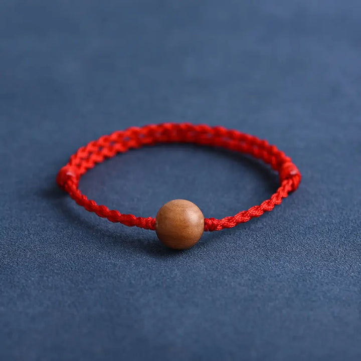 Buddha Stones Natural Peach Wood Bead Ward Off Evil Spirits Braided Bracelet - BWOOOH - Red Rope / 12mm