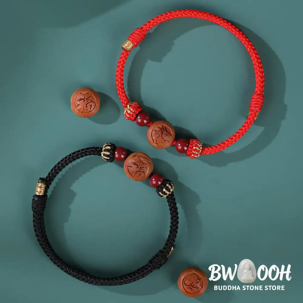 BWOOOH Natural Peach Wood Chinese Zodiac Fu Character Carved Cinnabar Wealth Bracelet | spiritual healing bracelet