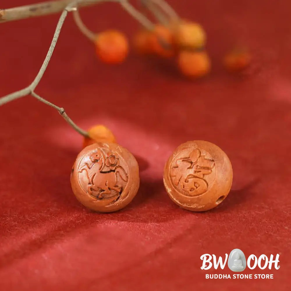 BWOOOH Natural Peach Wood Chinese Zodiac Fu Character Carved Cinnabar Wealth Bracelet | spiritual healing bracelet