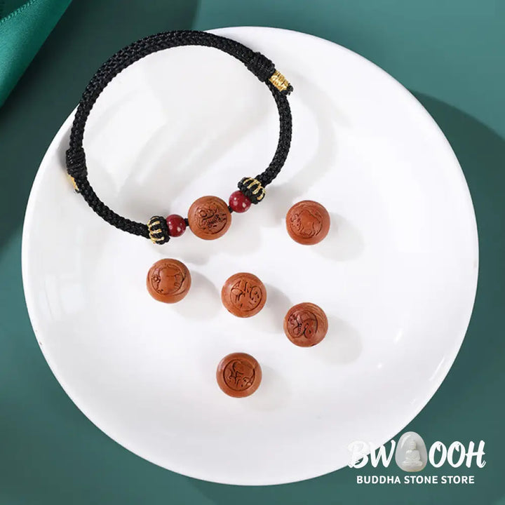 BWOOOH Natural Peach Wood Chinese Zodiac Fu Character Carved Cinnabar Wealth Bracelet | spiritual healing bracelet