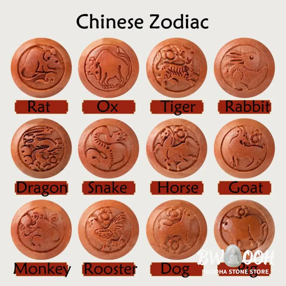 BWOOOH Natural Peach Wood Chinese Zodiac Fu Character Carved Cinnabar Wealth Bracelet | spiritual healing bracelet
