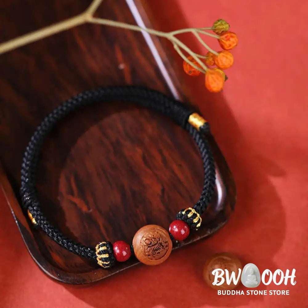 BWOOOH Natural Peach Wood Chinese Zodiac Fu Character Carved Cinnabar Wealth Bracelet | spiritual healing bracelet