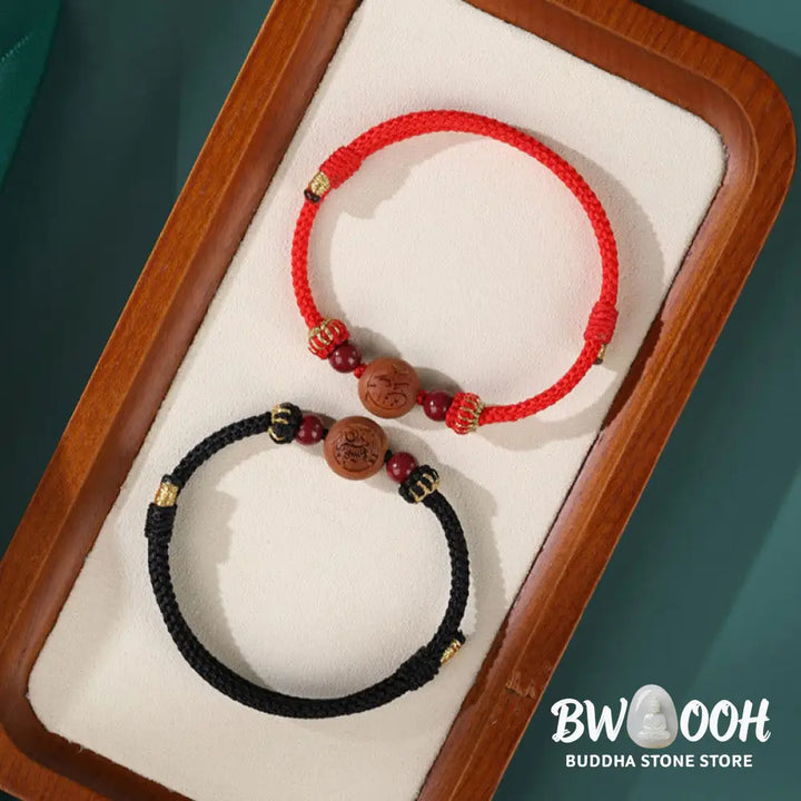 BWOOOH Natural Peach Wood Chinese Zodiac Fu Character Carved Cinnabar Wealth Bracelet | spiritual healing bracelet