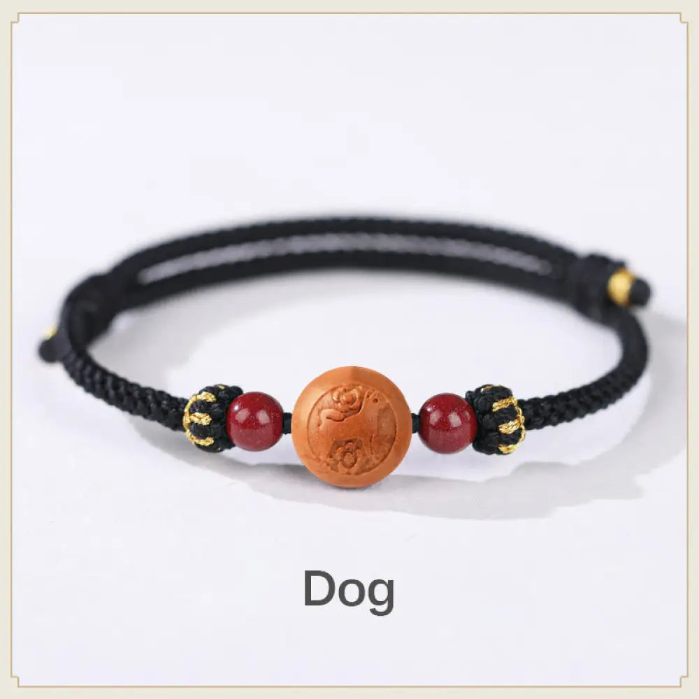 BWOOOH Natural Peach Wood Chinese Zodiac Fu Character Carved Cinnabar Wealth Bracelet - Dog-Black(Wrist