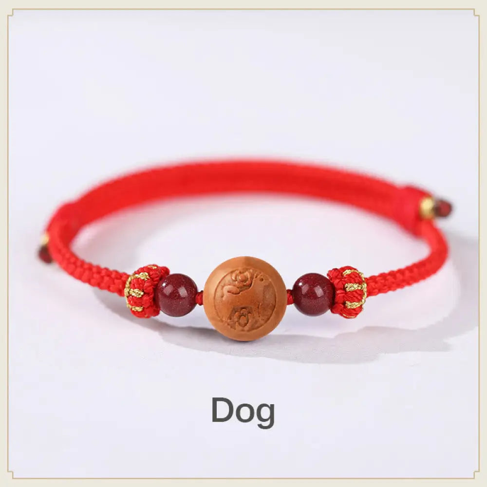 BWOOOH Natural Peach Wood Chinese Zodiac Fu Character Carved Cinnabar Wealth Bracelet - Dog-Red(Wrist