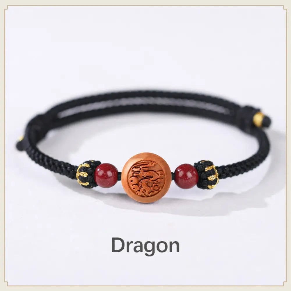 BWOOOH Natural Peach Wood Chinese Zodiac Fu Character Carved Cinnabar Wealth Bracelet - Dragon-Black(Wrist