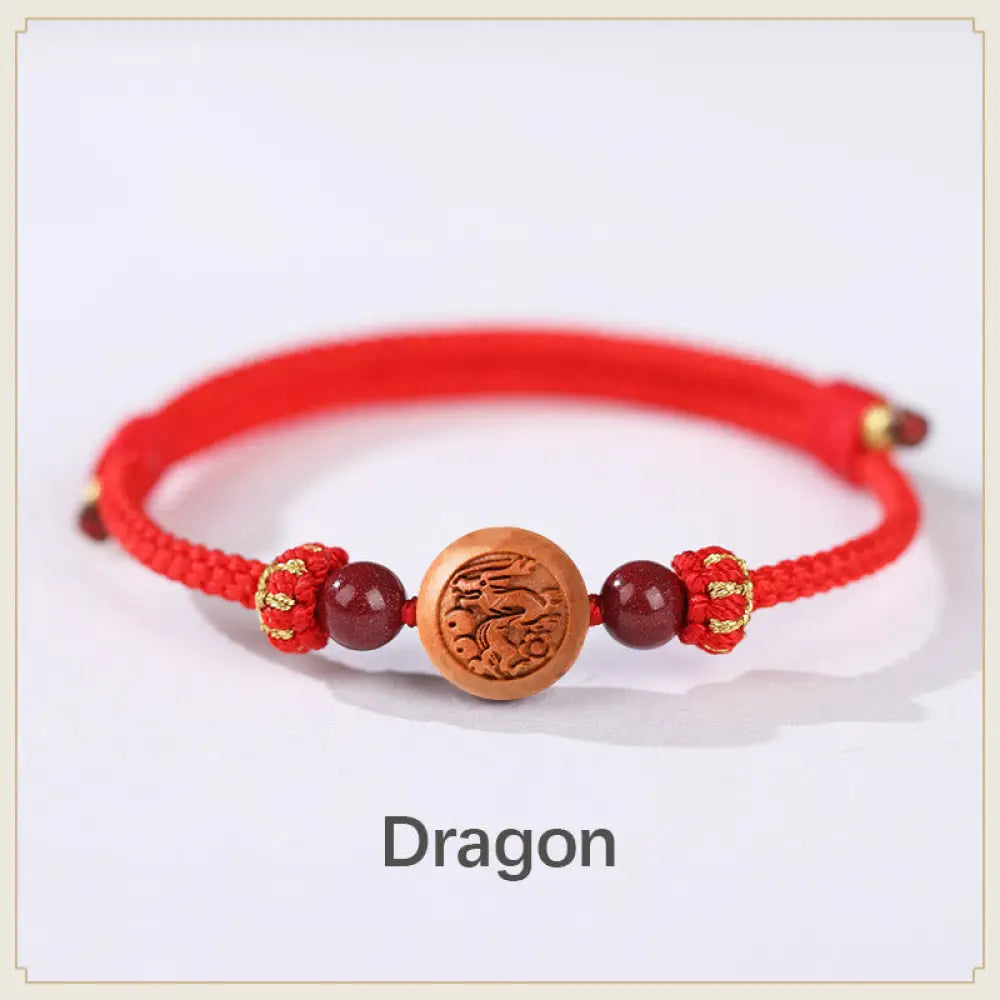 BWOOOH Natural Peach Wood Chinese Zodiac Fu Character Carved Cinnabar Wealth Bracelet - Dragon-Red(Wrist