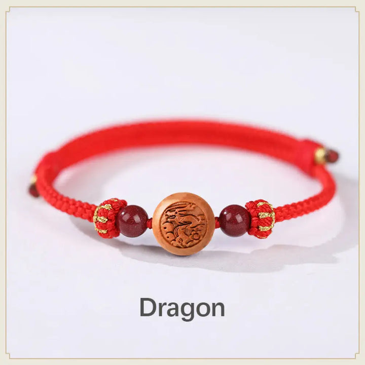 BWOOOH Natural Peach Wood Chinese Zodiac Fu Character Carved Cinnabar Wealth Bracelet - Dragon-Red(Wrist