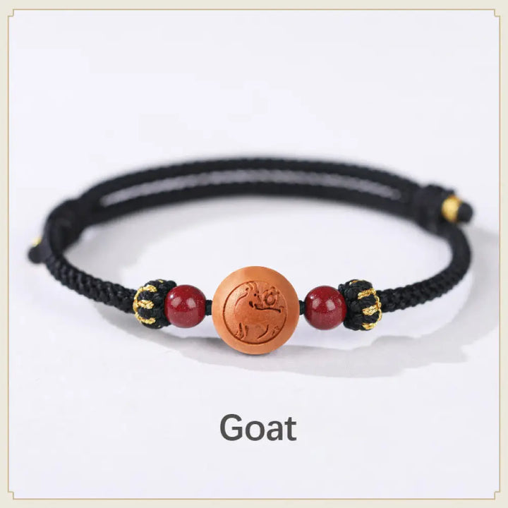 BWOOOH Natural Peach Wood Chinese Zodiac Fu Character Carved Cinnabar Wealth Bracelet - Goat-Black(Wrist