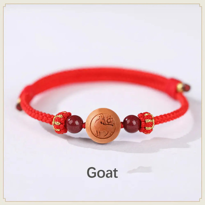 BWOOOH Natural Peach Wood Chinese Zodiac Fu Character Carved Cinnabar Wealth Bracelet - Goat-Red(Wrist