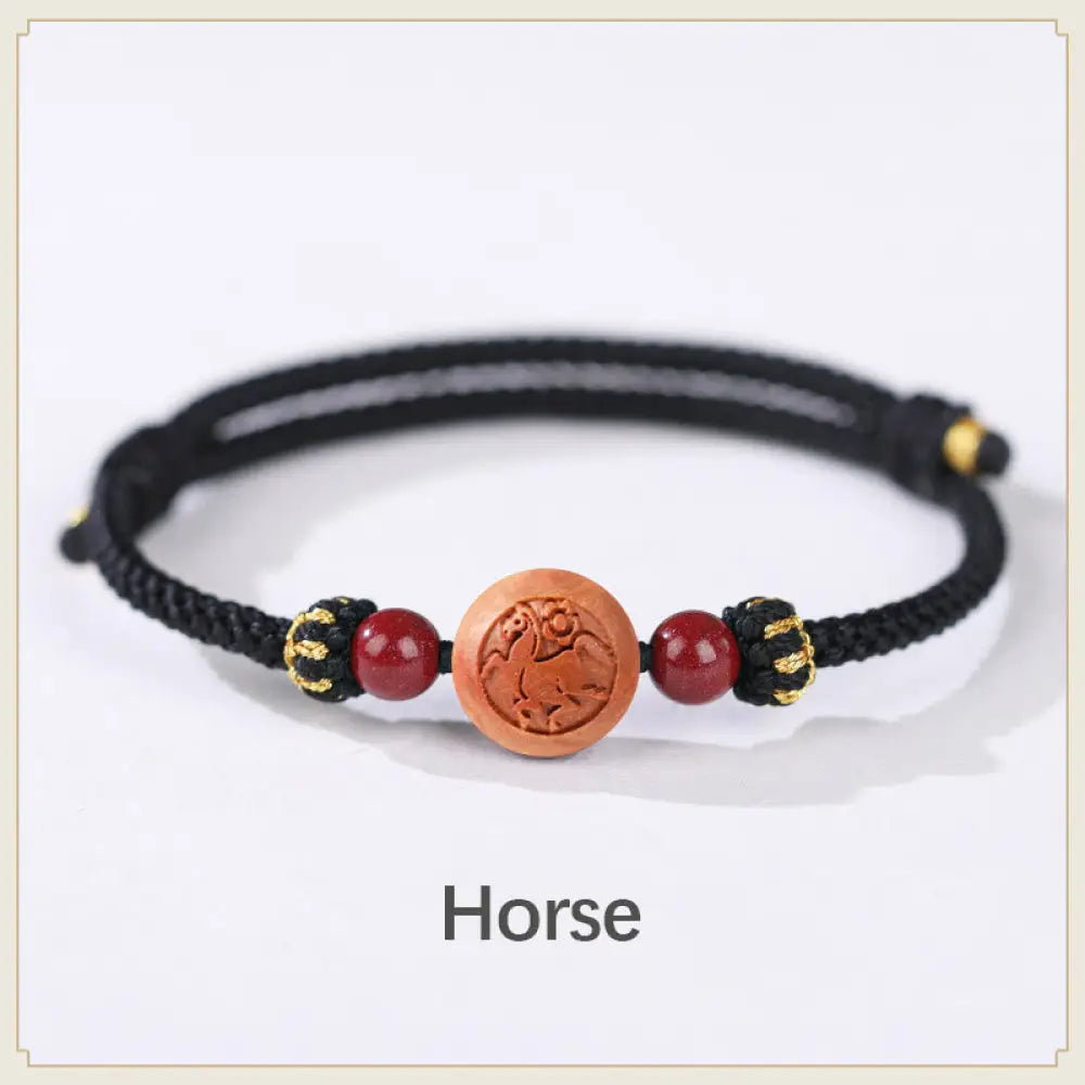 BWOOOH Natural Peach Wood Chinese Zodiac Fu Character Carved Cinnabar Wealth Bracelet - Horse-Black(Wrist
