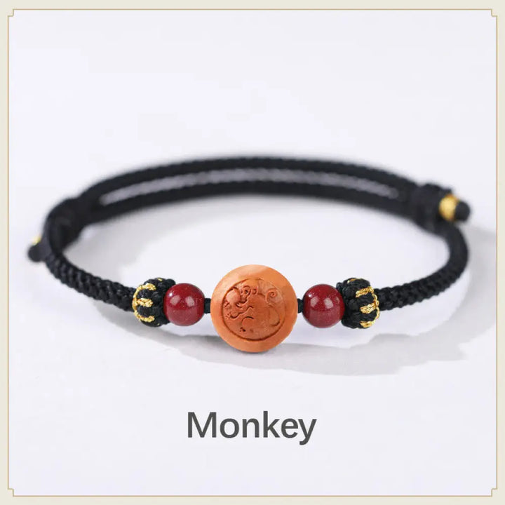 BWOOOH Natural Peach Wood Chinese Zodiac Fu Character Carved Cinnabar Wealth Bracelet - Monkey-Black(Wrist
