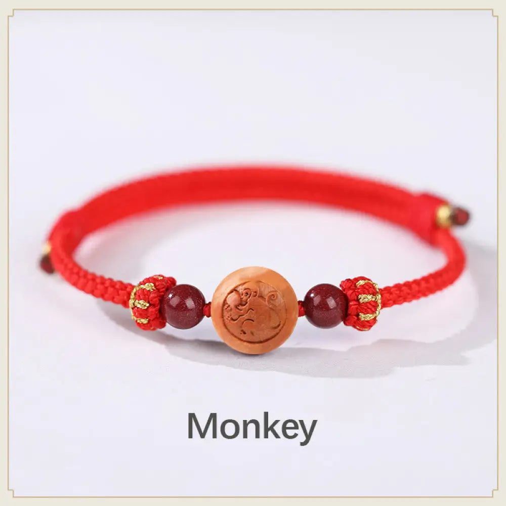 BWOOOH Natural Peach Wood Chinese Zodiac Fu Character Carved Cinnabar Wealth Bracelet - Monkey-Red(Wrist