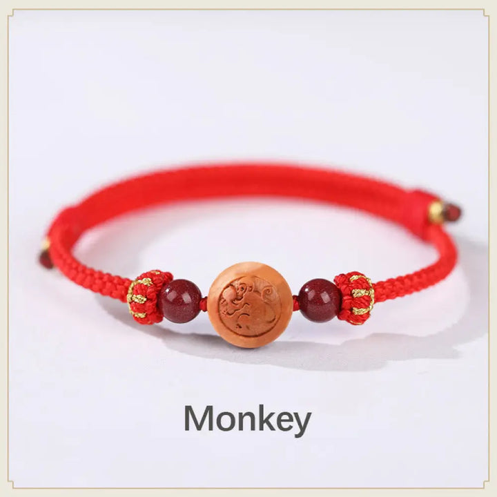 BWOOOH Natural Peach Wood Chinese Zodiac Fu Character Carved Cinnabar Wealth Bracelet - Monkey-Red(Wrist