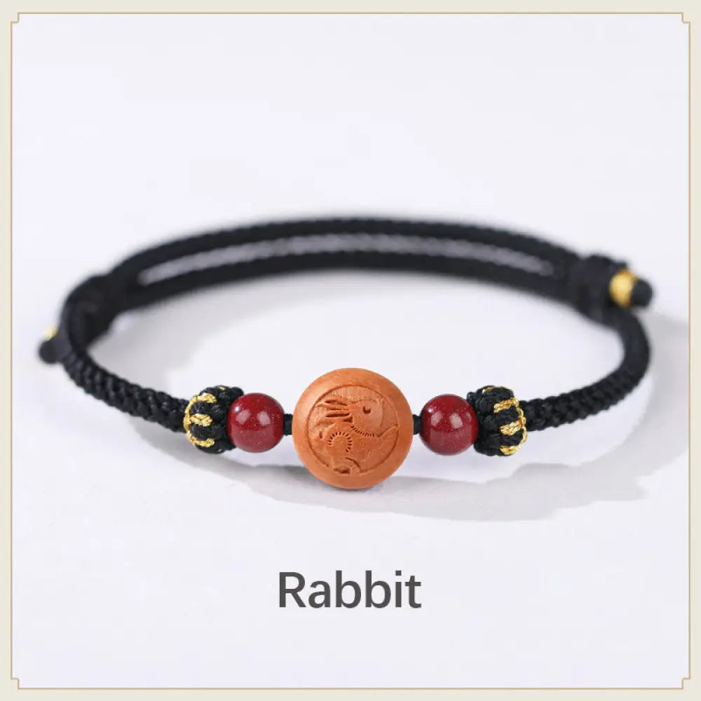 BWOOOH Natural Peach Wood Chinese Zodiac Fu Character Carved Cinnabar Wealth Bracelet - Rabbit-Black(Wrist