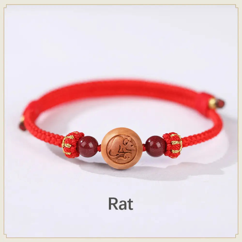 BWOOOH Natural Peach Wood Chinese Zodiac Fu Character Carved Cinnabar Wealth Bracelet - Rat-Red(Wrist