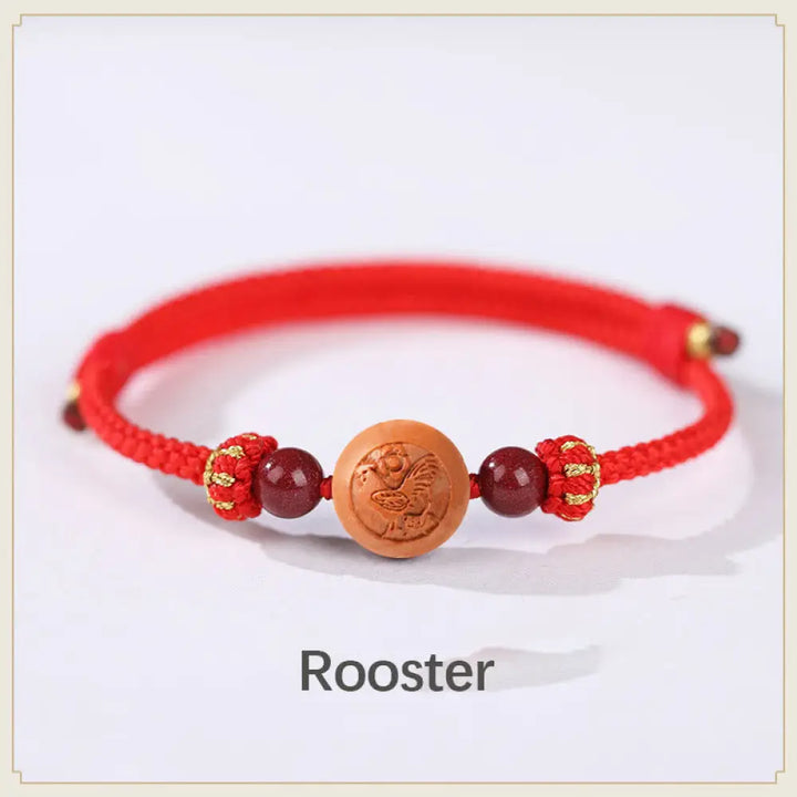 BWOOOH Natural Peach Wood Chinese Zodiac Fu Character Carved Cinnabar Wealth Bracelet - Rooster-Red(Wrist